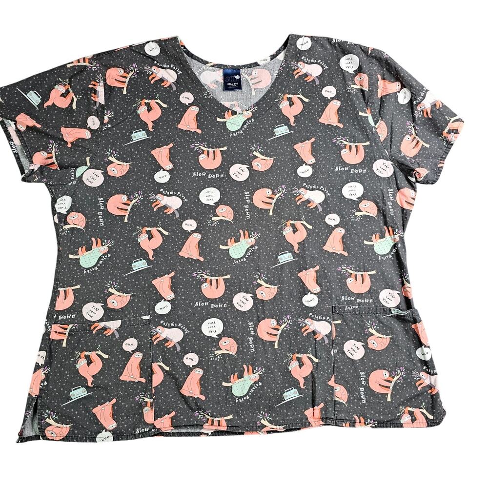 Scrub Top Sloth Novelty Print Zoe Chloe V-Neck 2 Pocket Women's Size 2X
